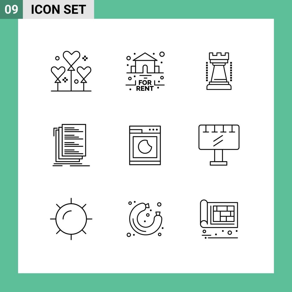 Group of 9 Modern Outlines Set for cooking files entertainment compile code Editable Vector Design Elements