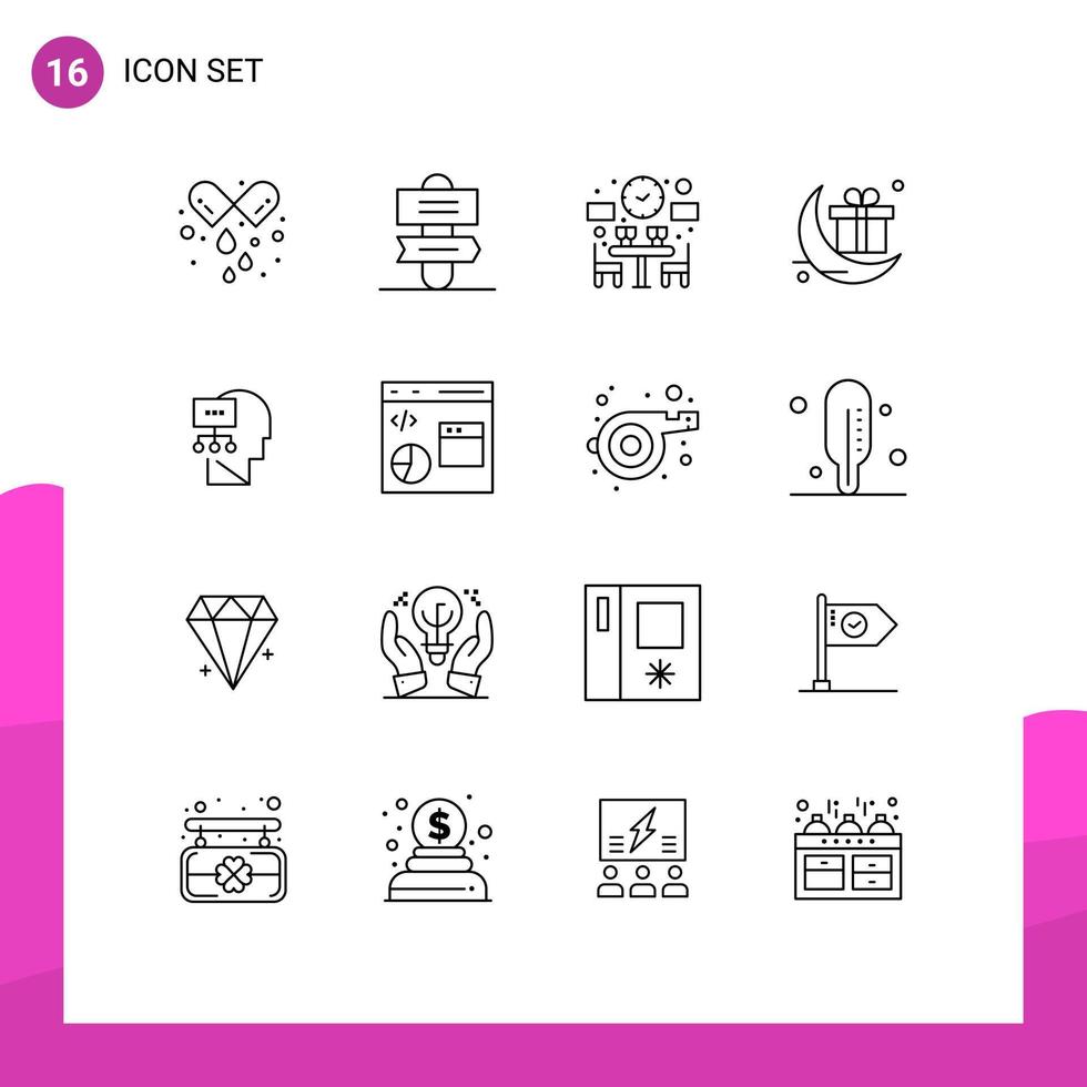 User Interface Pack of 16 Basic Outlines of mind planning dinner gift celebration Editable Vector Design Elements