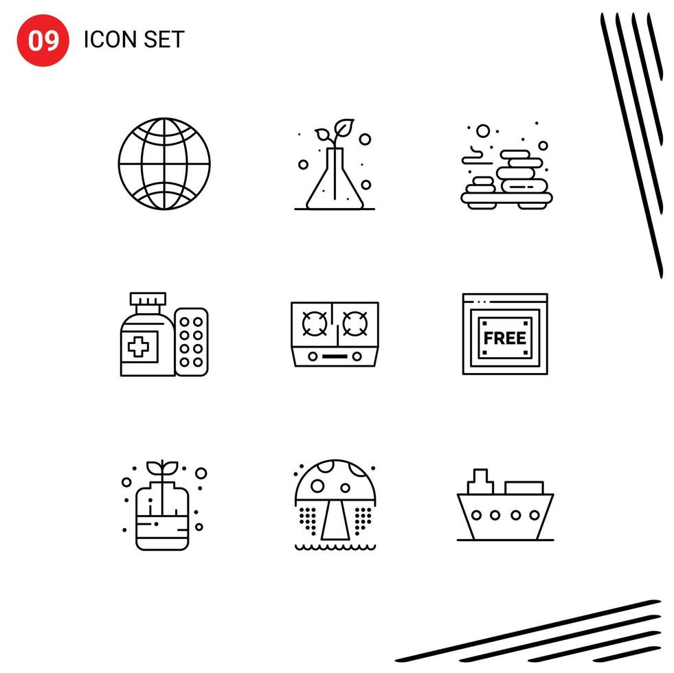 Universal Icon Symbols Group of 9 Modern Outlines of cooking gas stone stove pills Editable Vector Design Elements