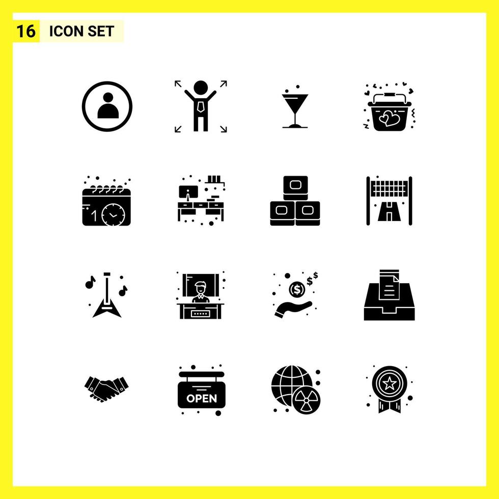 Mobile Interface Solid Glyph Set of 16 Pictograms of work place schedule water events romantic Editable Vector Design Elements