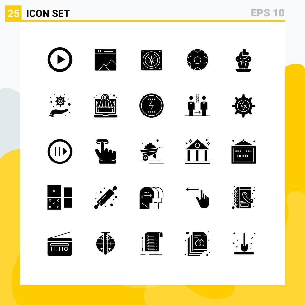 25 User Interface Solid Glyph Pack of modern Signs and Symbols of cake soccer web sports football Editable Vector Design Elements