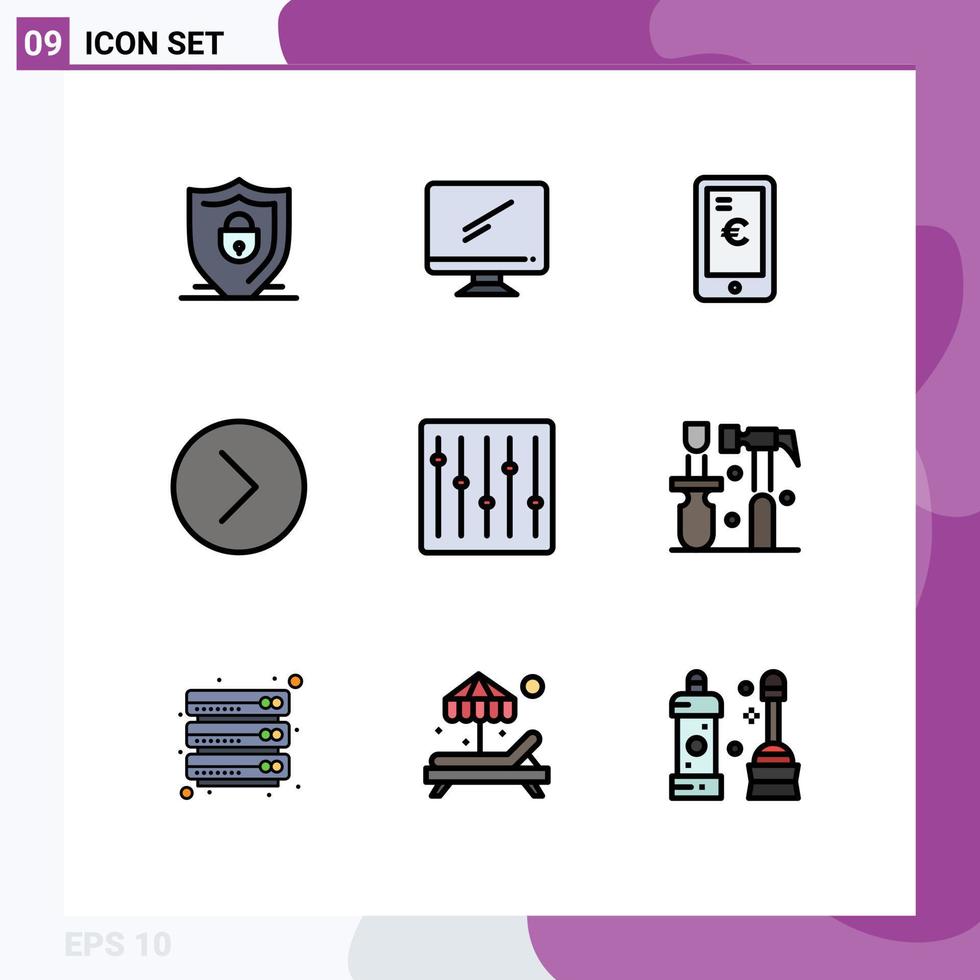 Editable Vector Line Pack of 9 Simple Filledline Flat Colors of controls media player pc media shopping Editable Vector Design Elements