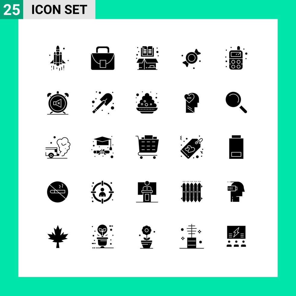 Modern Set of 25 Solid Glyphs and symbols such as radio sweets book candy open Editable Vector Design Elements