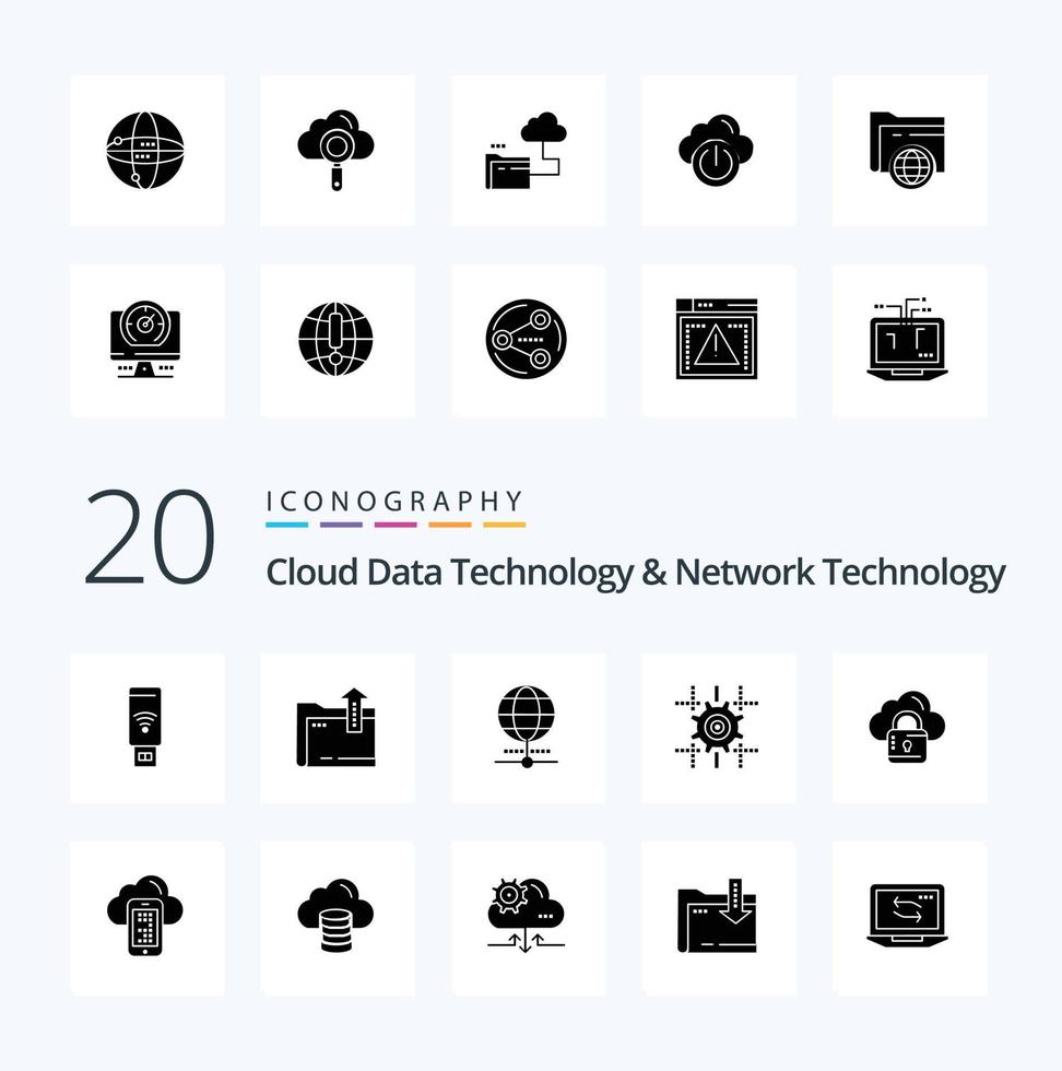 20 Cloud Data Technology And Network Technology Solid Glyph icon Pack like folder find world  search cloud vector