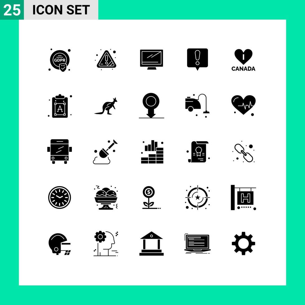 25 Universal Solid Glyphs Set for Web and Mobile Applications heart exclamation mark computer error message pc Editable Vector Design Elements