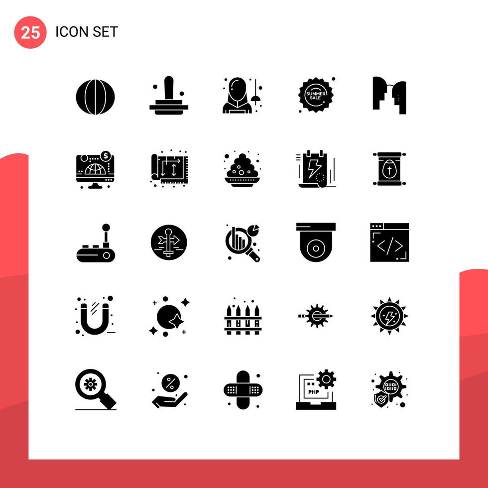 Editable Vector Line Pack of 25 Simple Solid Glyphs of shopping summer stamp sale man Editable Vector Design Elements