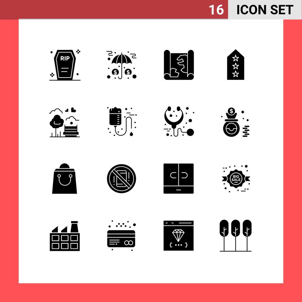 Mobile Interface Solid Glyph Set of 16 Pictograms of tag rank money military pin Editable Vector Design Elements