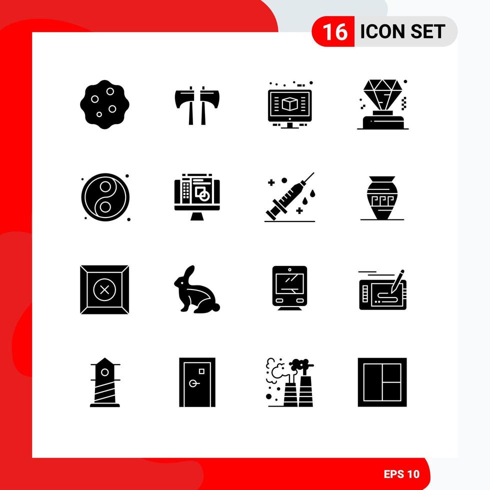 Pack of 16 Modern Solid Glyphs Signs and Symbols for Web Print Media such as yin yin yang architecture membership business Editable Vector Design Elements