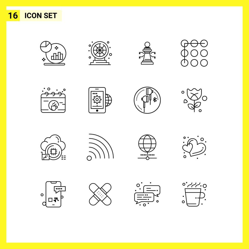 Set of 16 Modern UI Icons Symbols Signs for coffee calendar chess security lock Editable Vector Design Elements