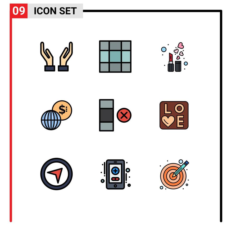 Universal Icon Symbols Group of 9 Modern Filledline Flat Colors of love row lip stick delete modern Editable Vector Design Elements