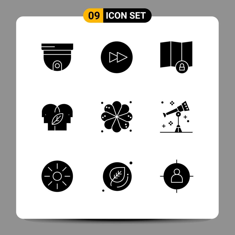 User Interface Pack of 9 Basic Solid Glyphs of astronomy spa lock plumeria head Editable Vector Design Elements