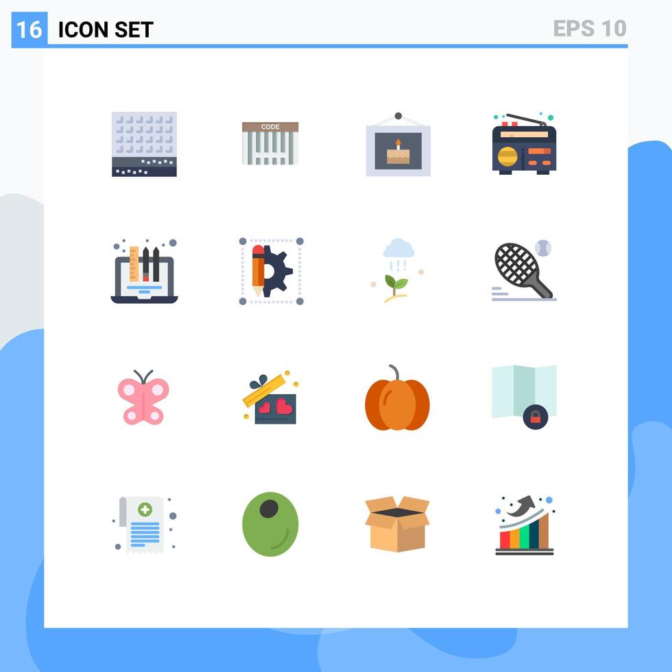 Universal Icon Symbols Group of 16 Modern Flat Colors of device radio shopping news picture Editable Pack of Creative Vector Design Elements