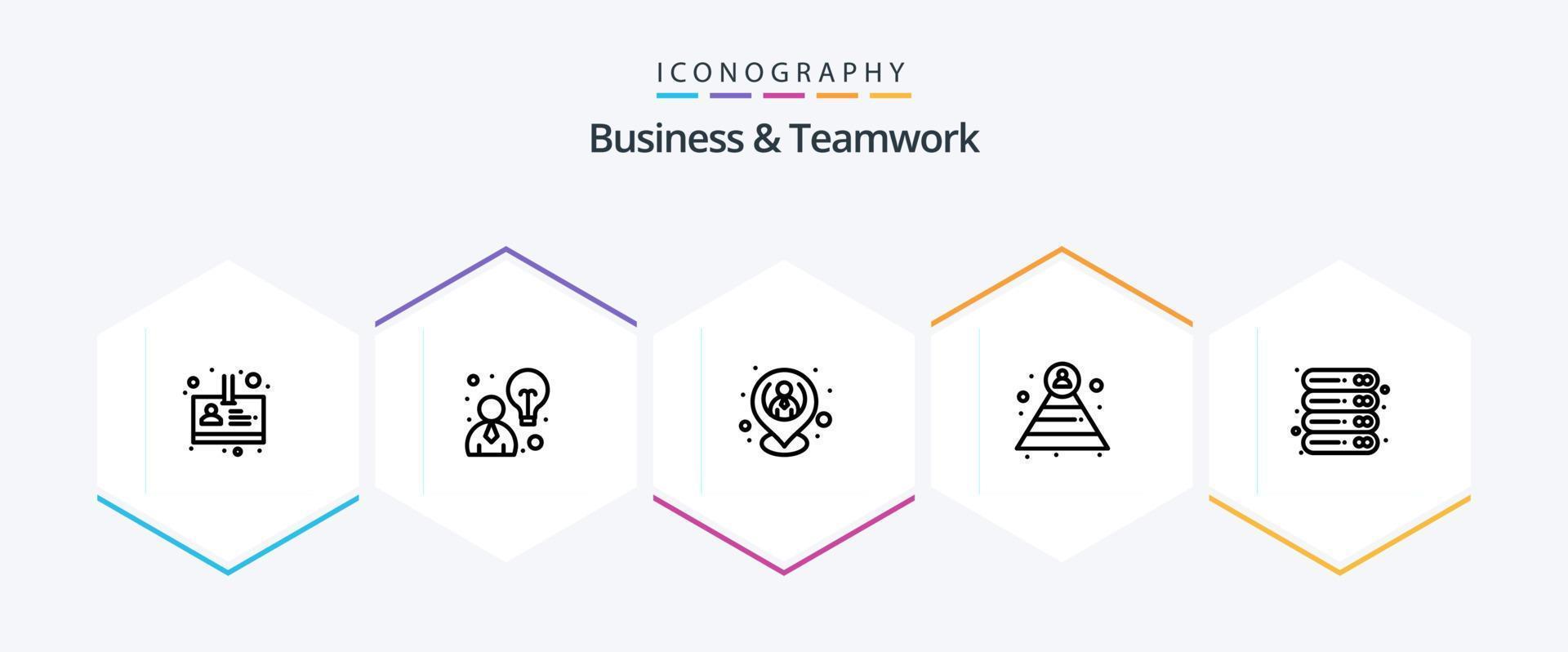 negocio y trabajo en equipo 25 línea icono paquete incluso servidor. dispositivo. humano. datos. pirámide vector