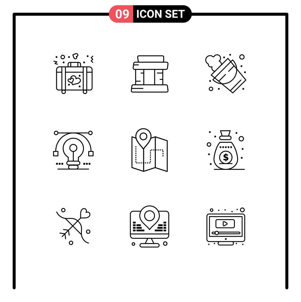 Pack of 9 Modern Outlines Signs and Symbols for Web Print Media such as camping drawing fire vector idea Editable Vector Design Elements