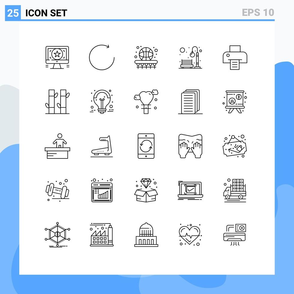 25 Universal Lines Set for Web and Mobile Applications printer recreation basket park bench Editable Vector Design Elements