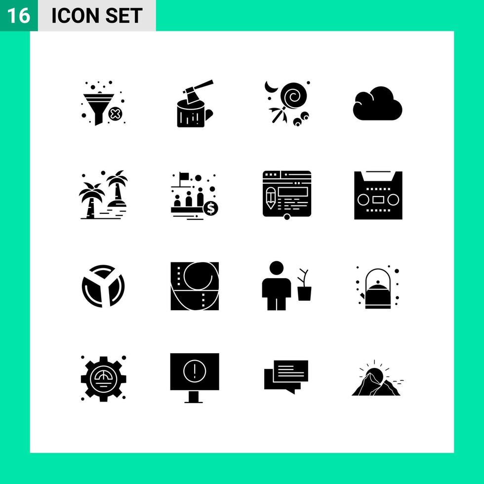 16 User Interface Solid Glyph Pack of modern Signs and Symbols of tree date candy storage cloud Editable Vector Design Elements