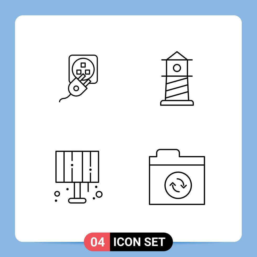 Modern Set of 4 Filledline Flat Colors Pictograph of plug light cord lighthouse home light Editable Vector Design Elements