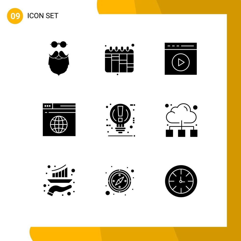 Mobile Interface Solid Glyph Set of 9 Pictograms of bulb server audio play network watch video Editable Vector Design Elements