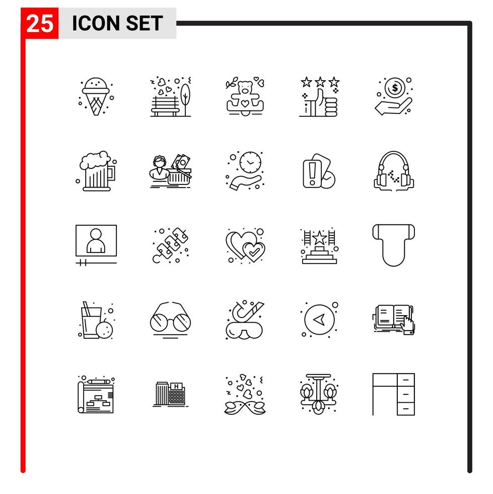 25 usuario interfaz línea paquete de moderno señales y símbolos de efectivo arriba corazones tumbas me gusta editable vector diseño elementos