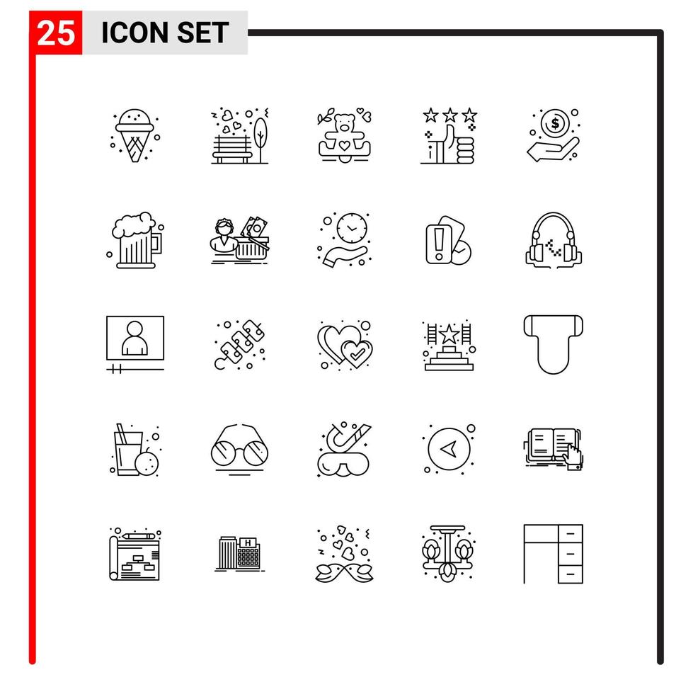 25 User Interface Line Pack of modern Signs and Symbols of cash up hearts tumbs like Editable Vector Design Elements