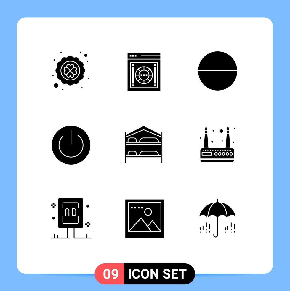 Editable Vector Line Pack of 9 Simple Solid Glyphs of bedroom power safety environment ecology Editable Vector Design Elements