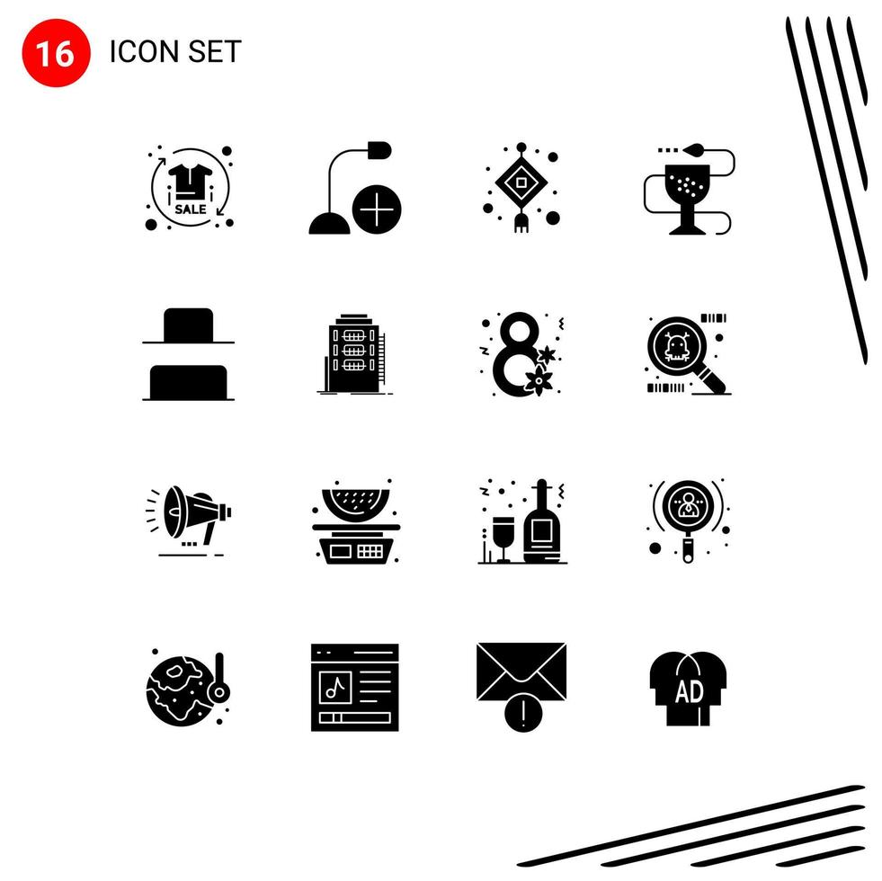 Mobile Interface Solid Glyph Set of 16 Pictograms of medicine fitness gadget disease lantern Editable Vector Design Elements