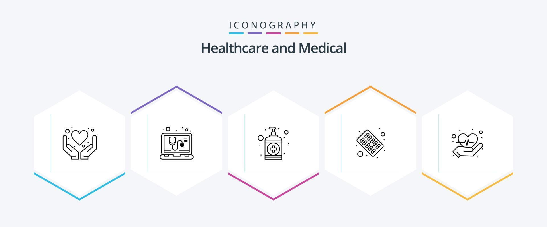 médico 25 línea icono paquete incluso corazón. medicamento. mano. pastillas . cápsula vector