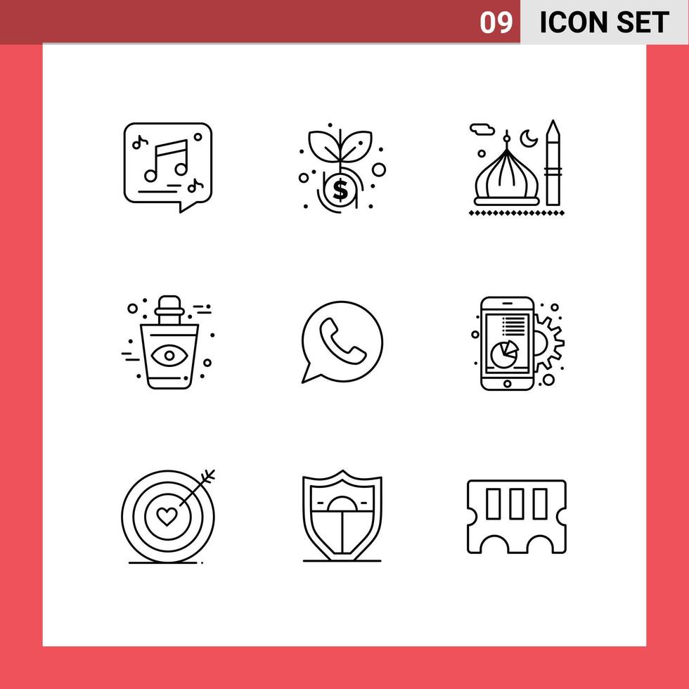 9 User Interface Outline Pack of modern Signs and Symbols of app eye mosque bottle islam Editable Vector Design Elements