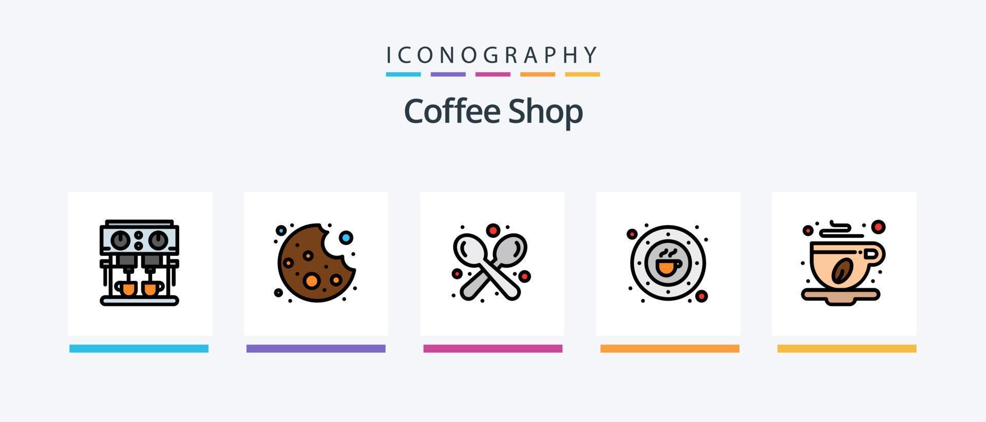 café tienda línea lleno 5 5 icono paquete incluso mollete dulce. taza. orden. pastel. mesa. creativo íconos diseño vector