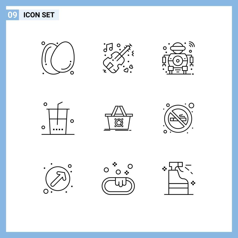 Set of 9 Vector Outlines on Grid for cart shop future food tech Editable Vector Design Elements