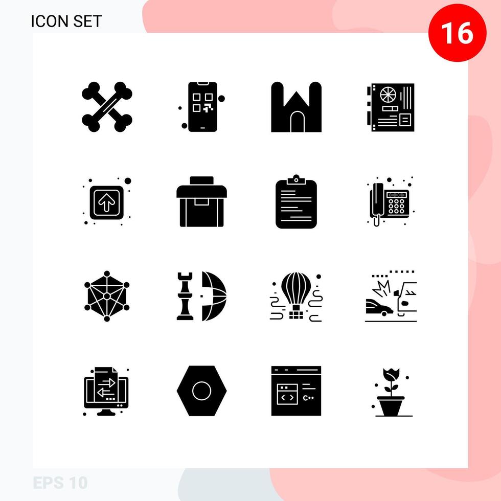 User Interface Pack of 16 Basic Solid Glyphs of motherboard mainboard castle main medieval Editable Vector Design Elements