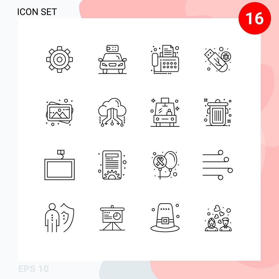 Set of 16 Vector Outlines on Grid for usb malware energy drive fax Editable Vector Design Elements