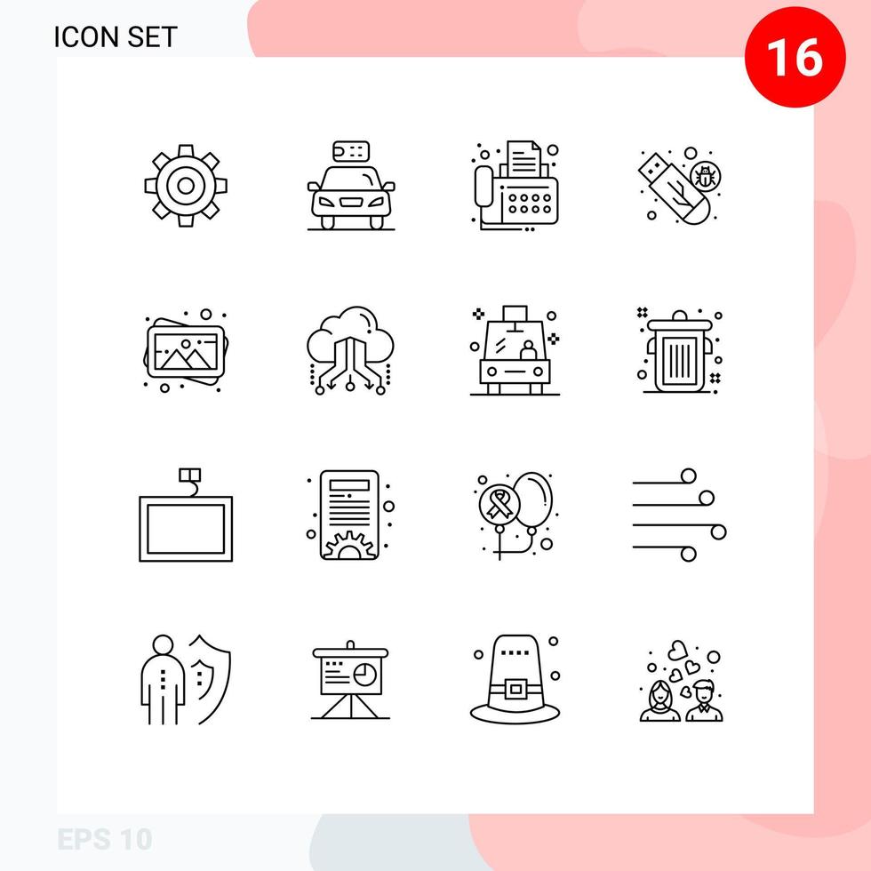 Set of 16 Vector Outlines on Grid for usb malware energy drive fax Editable Vector Design Elements