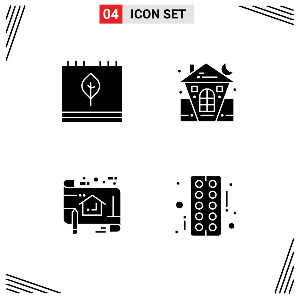 Mobile Interface Solid Glyph Set of 4 Pictograms of autumn house leaf celebration sketch Editable Vector Design Elements