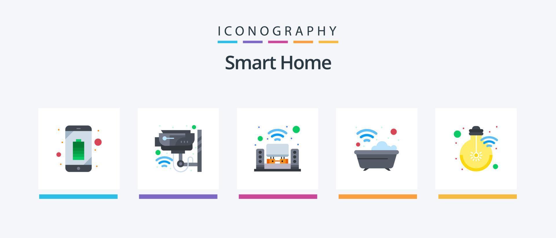 Smart Home Flat 5 Icon Pack Including washroom. smart. surveillance. house. music system. Creative Icons Design vector