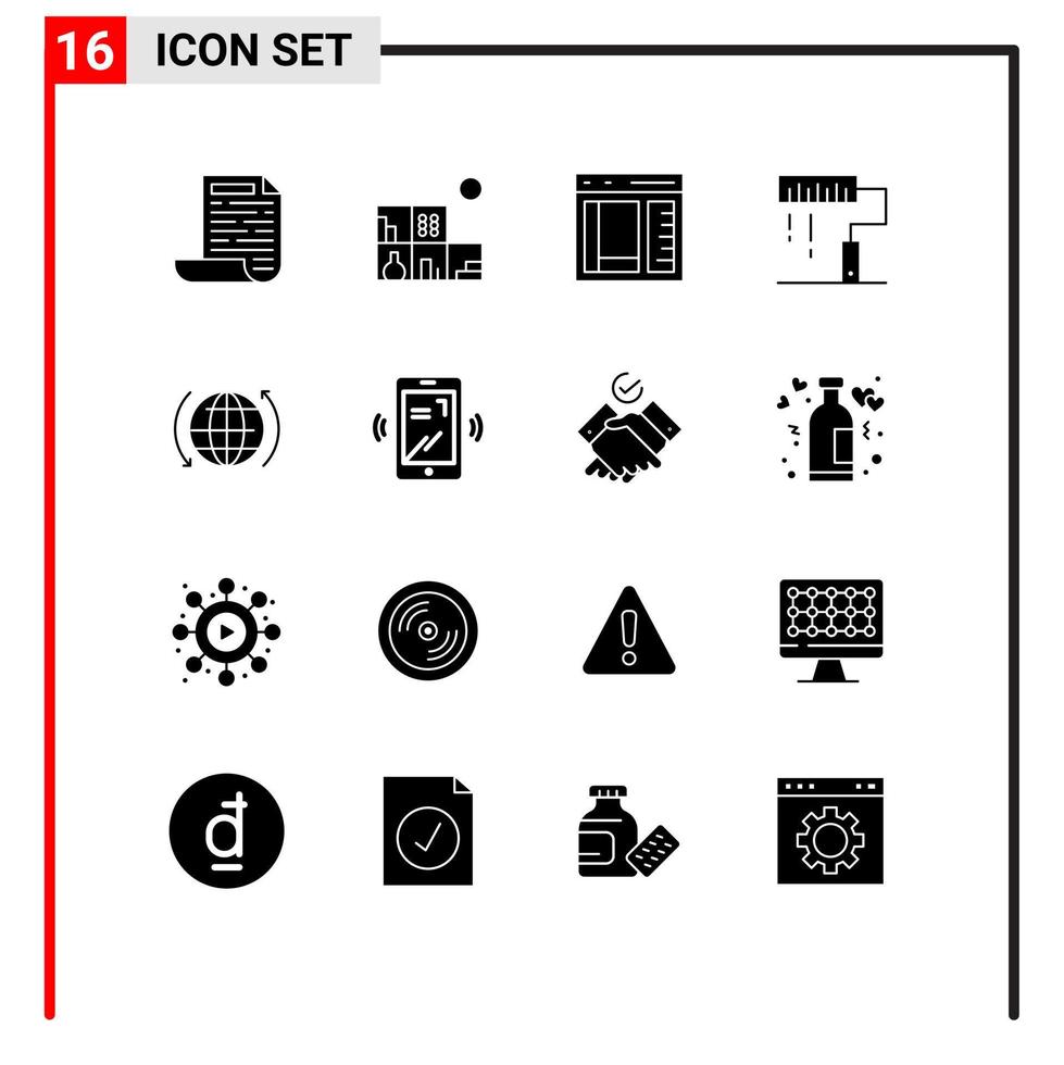 Mobile Interface Solid Glyph Set of 16 Pictograms of globe programing develop paint design Editable Vector Design Elements