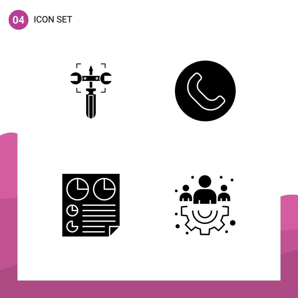 4 User Interface Solid Glyph Pack of modern Signs and Symbols of setting page screw phone two Editable Vector Design Elements