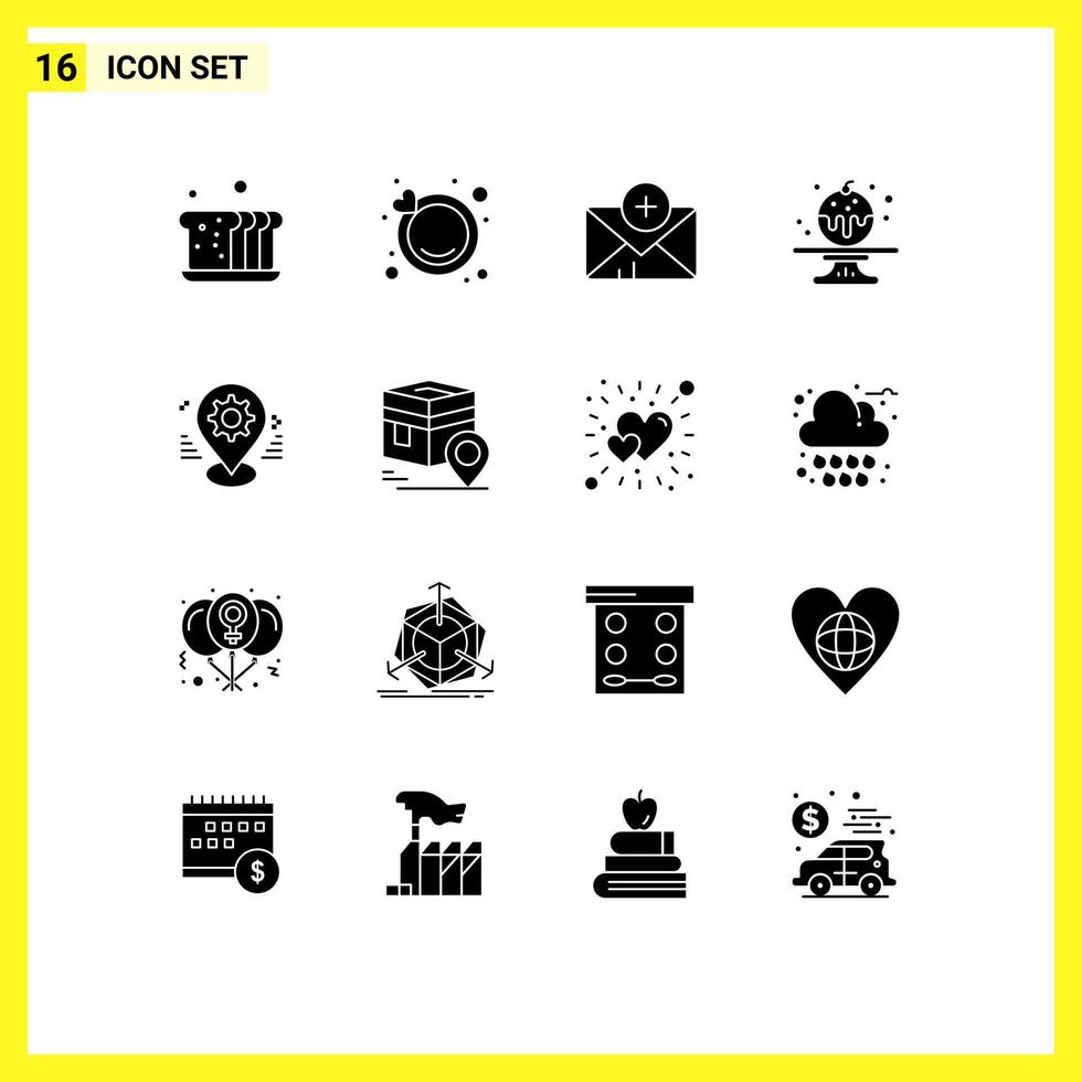 Group of 16 Modern Solid Glyphs Set for pin gps medical gear candy Editable Vector Design Elements
