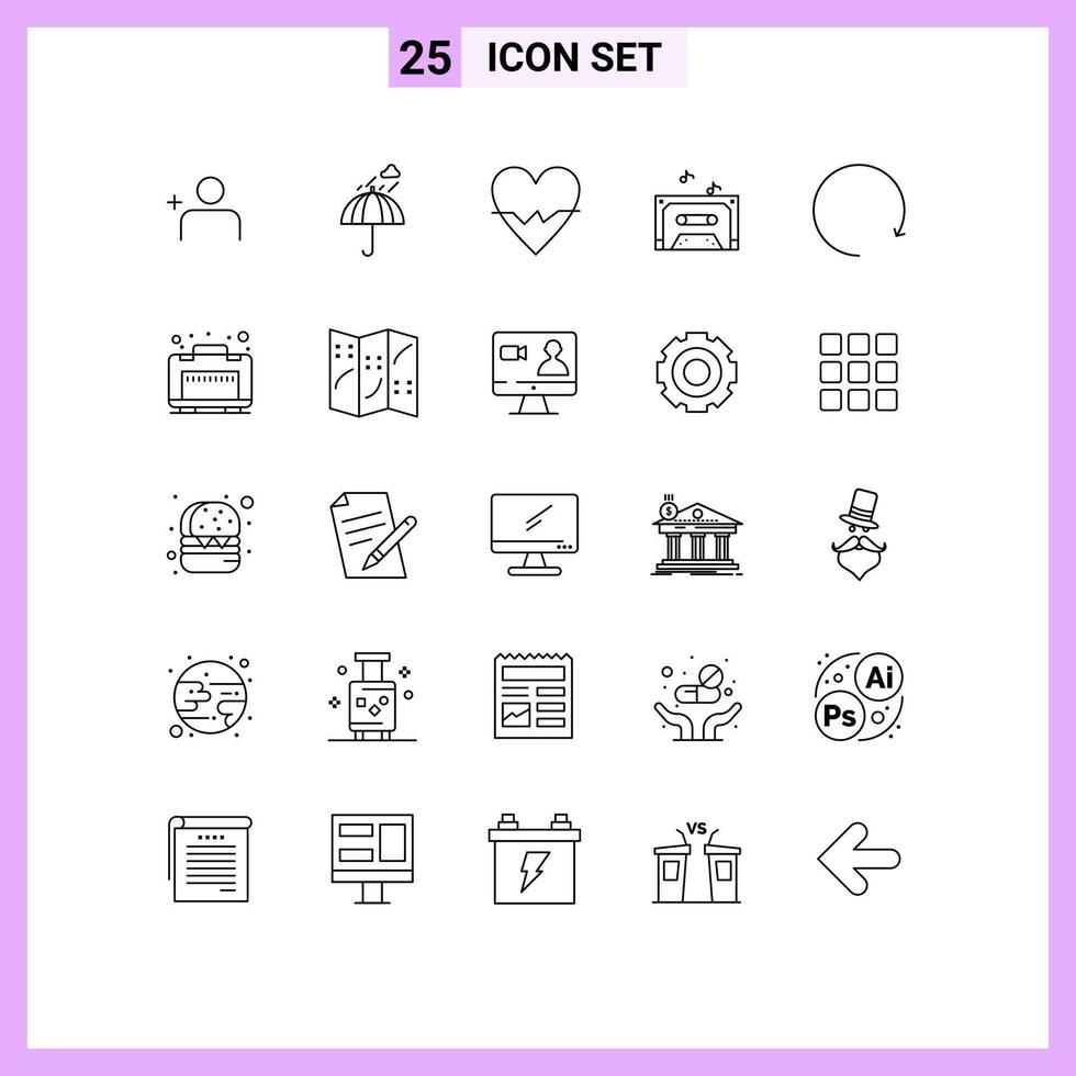 25 User Interface Line Pack of modern Signs and Symbols of rotate arrow heart tape music Editable Vector Design Elements