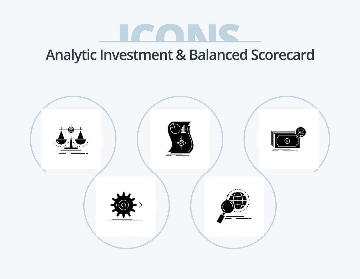 Analytic Investment And Balanced Scorecard Glyph Icon Pack 5 Icon Design. love. scale. magnifier. law. decision vector