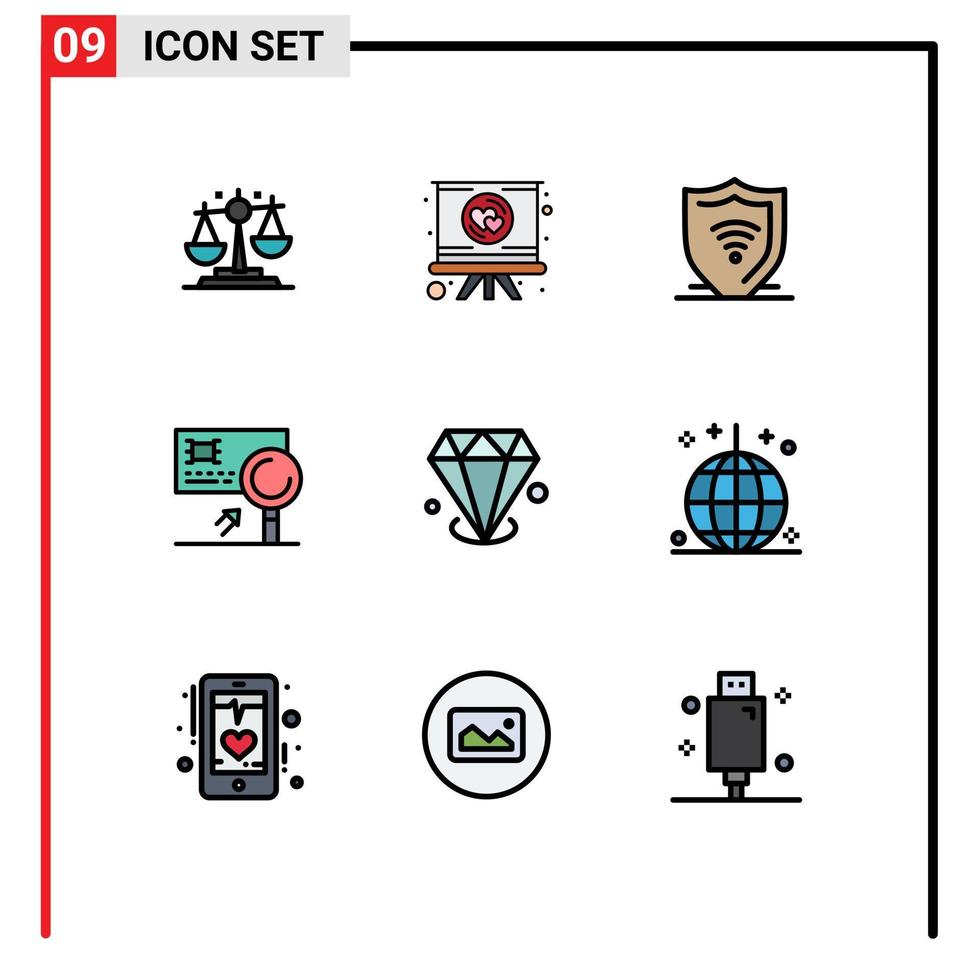 Pack of 9 Modern Filledline Flat Colors Signs and Symbols for Web Print Media such as diamonf detection internet card analysis Editable Vector Design Elements