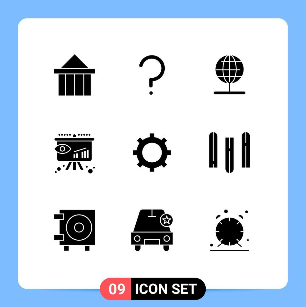 Editable Vector Line Pack of 9 Simple Solid Glyphs of cog insight mark consumer world Editable Vector Design Elements