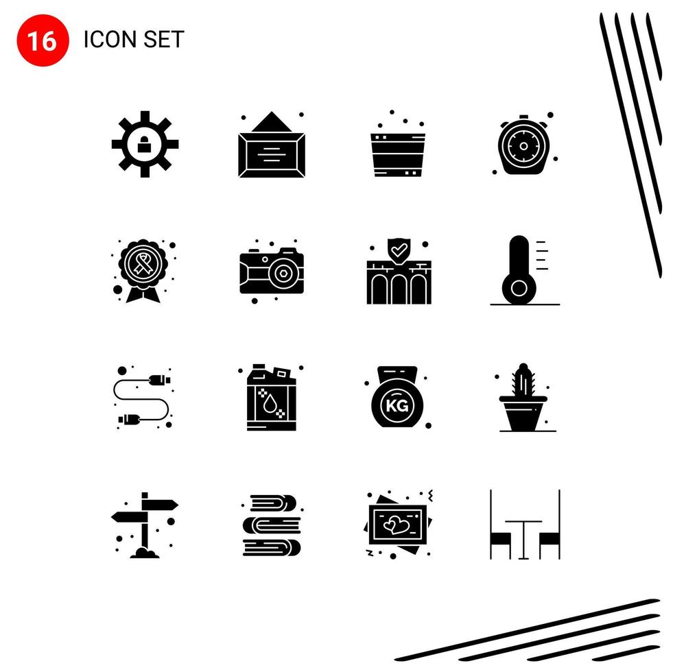 Set of 16 Commercial Solid Glyphs pack for awareness ribbon time bucket kitchen chrono Editable Vector Design Elements