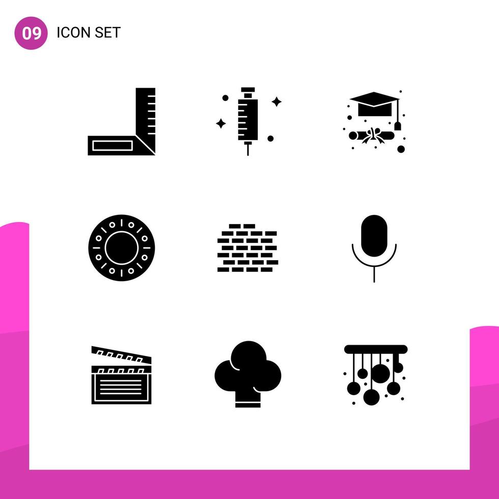 Editable Vector Line Pack of 9 Simple Solid Glyphs of microphone bricks graduation brick food Editable Vector Design Elements