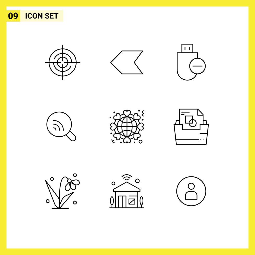 9 Universal Outline Signs Symbols of heart signal devices wifi search Editable Vector Design Elements