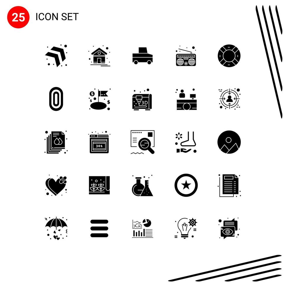 Pack of 25 creative Solid Glyphs of adornment support pickup safety radio Editable Vector Design Elements