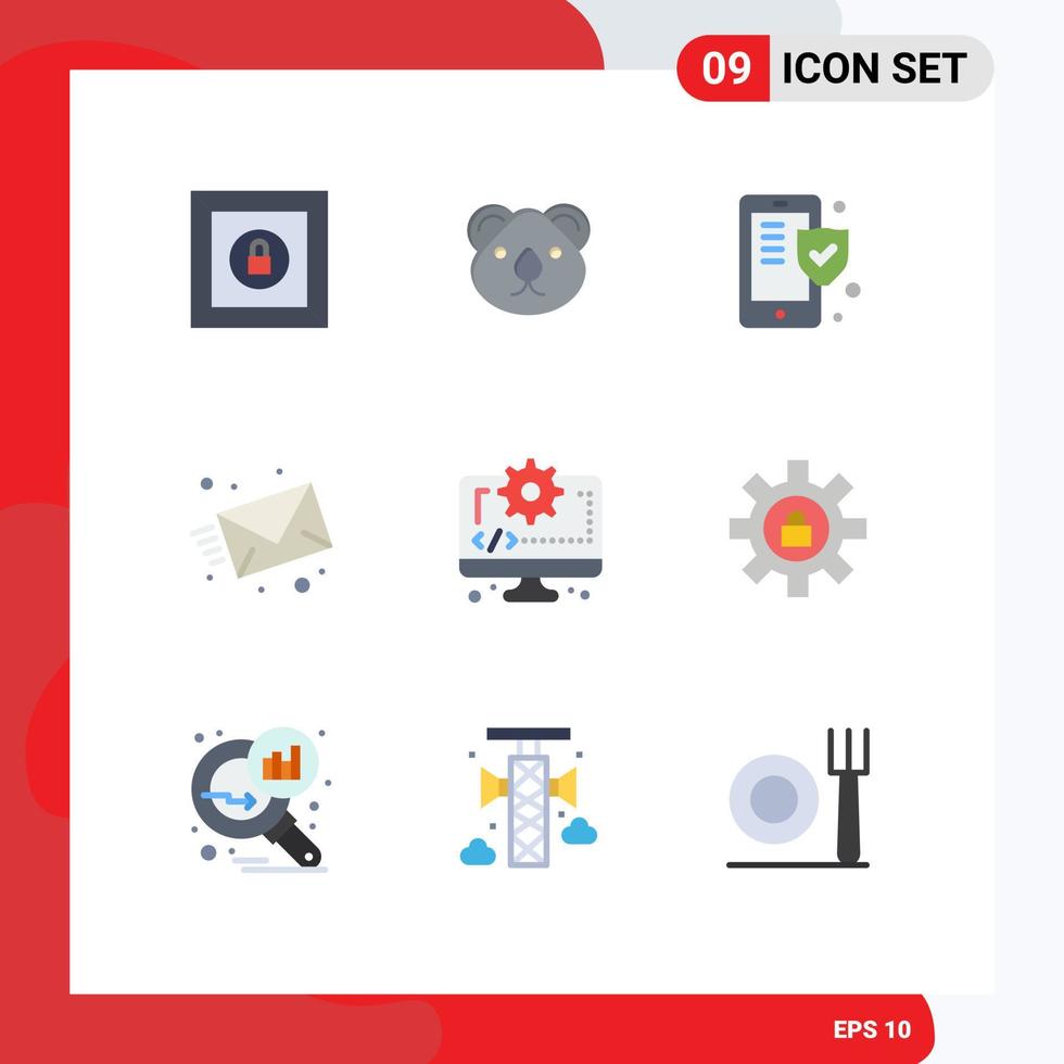 Group of 9 Flat Colors Signs and Symbols for coding web phone message email Editable Vector Design Elements