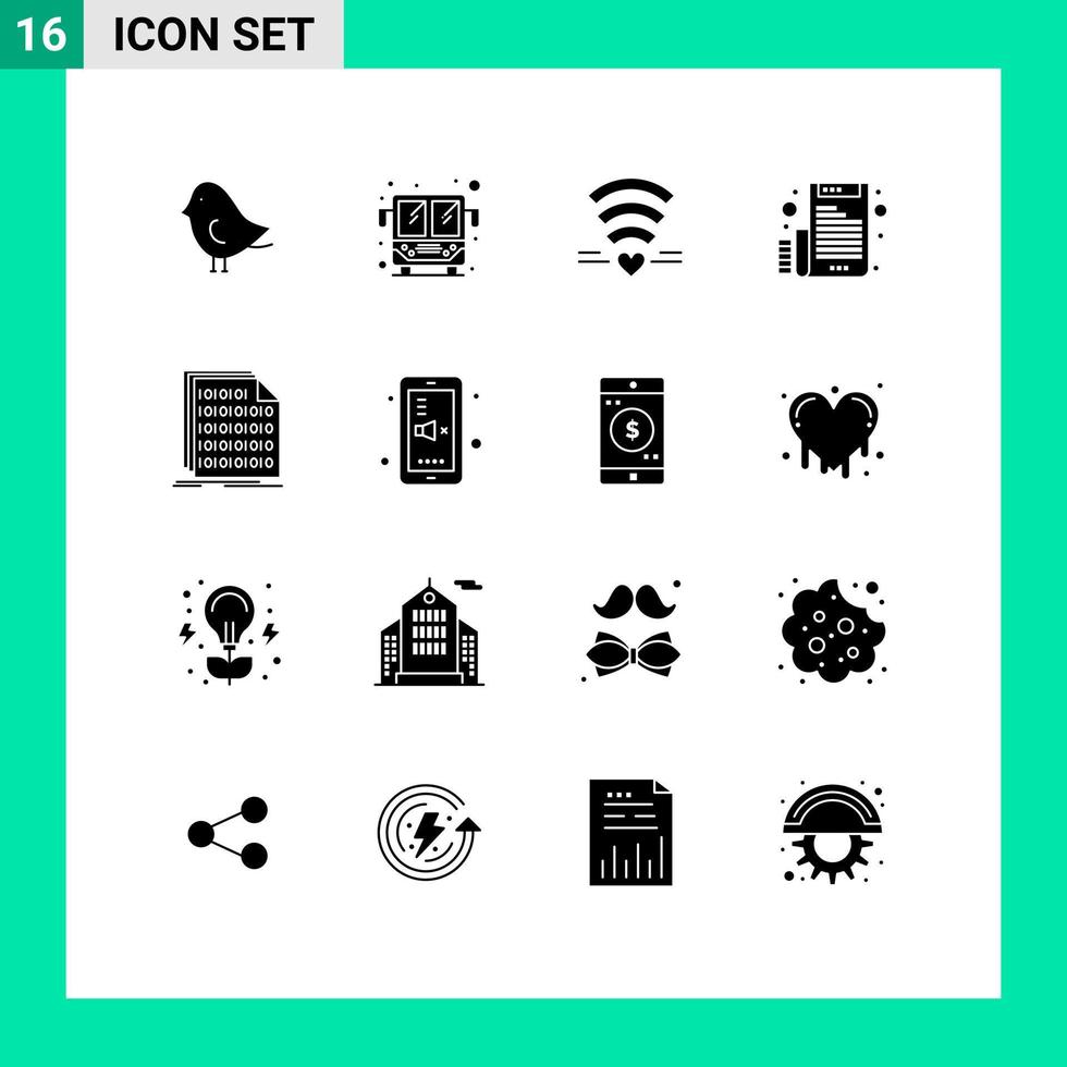 16 Universal Solid Glyph Signs Symbols of data code wedding binary file Editable Vector Design Elements