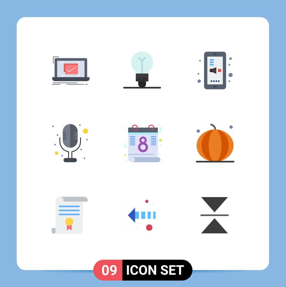 Editable Vector Line Pack of 9 Simple Flat Colors of day sound recorder wreath microphone mute Editable Vector Design Elements