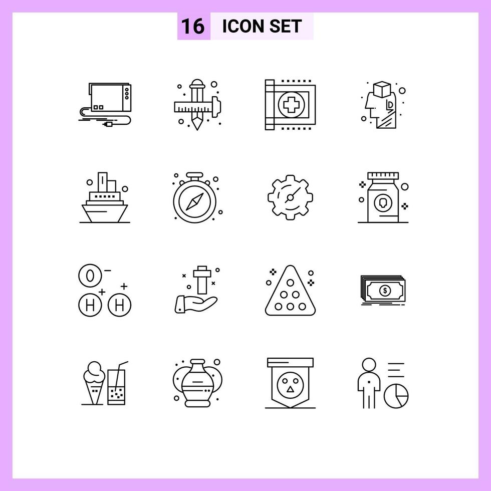 Mobile Interface Outline Set of 16 Pictograms of design brain drawing hospital flag Editable Vector Design Elements